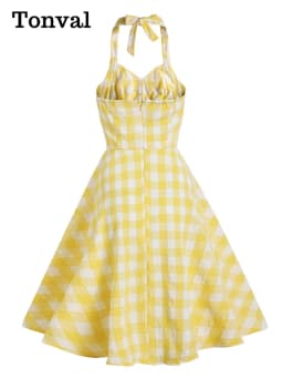 Tonval Vacation Women's Summer Dress 2025 Sexy Backless Party Halter Neck Yellow Plaid 50s Vintage High Waist Swing Dresses