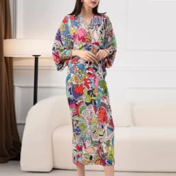 Miyake Pleated Dress Women's 2024 Spring New Graffiti Printed Bat Sleeve V-neck Long Dress At Leisure Party