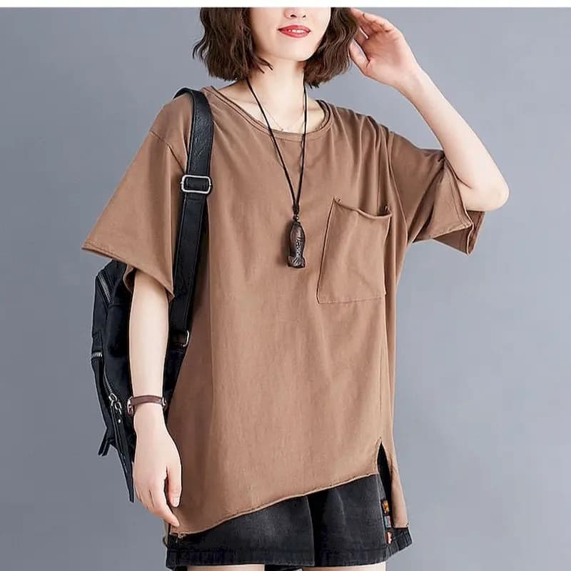 2026 Summer New T Shirt Women Korean Style Large Size Loose Solid Color Pocket T-shirt Thin All-match Irregular Short Sleeve Top