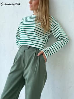 Sumuyoo 2025 Summer Long Sleeve Striped T-Shirts Women Basic Casual Tops Female Cozy Loose Cotton Tees Harajuku T Shirt New