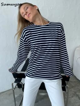 Sumuyoo 2025 Summer Long Sleeve Striped T-Shirts Women Basic Casual Tops Female Cozy Loose Cotton Tees Harajuku T Shirt New