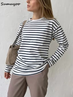 Sumuyoo 2025 Summer Long Sleeve Striped T-Shirts Women Basic Casual Tops Female Cozy Loose Cotton Tees Harajuku T Shirt New