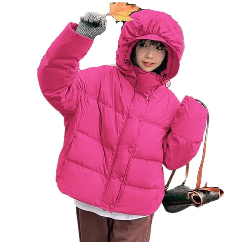 Solid Color Down Cotton Jacket Women Autumn Winter Hooded Puffer Coat Padded Warm Parkas High Street Outerwear Rose Black