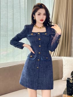 Fashion Ladies Vintage Tweed Short Dress Women Bright Silk Commute Formal Square Collar Slim Mini Mujer Vestidos Street Clothes