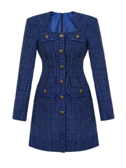 Fashion Ladies Vintage Tweed Short Dress Women Bright Silk Commute Formal Square Collar Slim Mini Mujer Vestidos Street Clothes