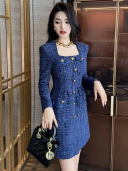 Fashion Ladies Vintage Tweed Short Dress Women Bright Silk Commute Formal Square Collar Slim Mini Mujer Vestidos Street Clothes