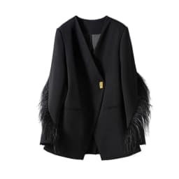 Woman Vintage V-collar Feather Tassel Stitching Blazer Coat Black Loose Suit Jacket Female Long Sleeve Fur Patchwork Outerwear