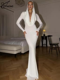 Oymimi Elegant Blue Knitting Women's Dress Fashion Hooded Collar Slim Long Sleeve Dress Casual Solid Floor-Length Dresses Female