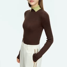 AMII Minimalist Color Contrast Sweater for Women 2024 Autumn Turn Down Collar Niche Slim Fit Knit Tops Warm Sweaters 12323149