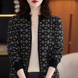 Autumn Winter Women 100% Cotton Color Block Jacquard Sweater O-neck Cardigan Top New Outerwear Knit Zipper Warm Jacket