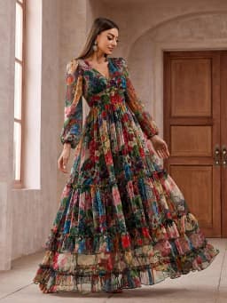 TOLEEN 2024 New Casual Elegant Boho Vacation Party Dresses Women's Vintage Floral Print Long Sleeve Frill Trim Summer Maxi Dress