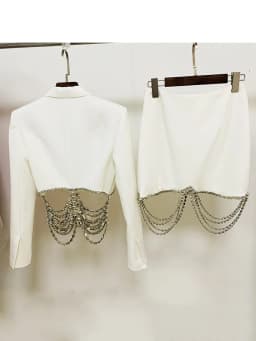 HIGH STREET Newest 2026 Designer Runway Suit Set Women's Strass Diamonds Beaded Chain Crop Blazer Mini Skirt Suit