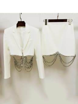 HIGH STREET Newest 2026 Designer Runway Suit Set Women's Strass Diamonds Beaded Chain Crop Blazer Mini Skirt Suit