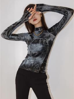 CHEERART Tie Dye Grey Black Turtleneck Woman Tshirts Bodycon Long Sleeve Top Women Fall Fashion Tee Shirt Femme Clothing
