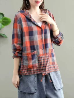 Amax LuluE 2024 Fashion Korean Spring Clothes Womens Plaid Hooded Shirts Ladies Linen Loose Blouses Female Casual Oversized Tops