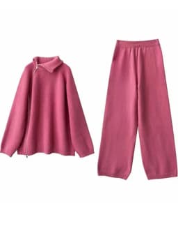 Autumn Knitted Two Piece Set Women 2025 Zipper Sweaters and Wide-leg Pants Suit Solid High-neck Pullover Sets for Women 2 Pieces