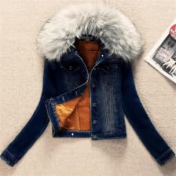 2023 Autumn Winter Fleece Denim Jacket Women Big Fur Collar Short Coat Thicken Velvet Liner Warm Tops Lady Jean Coat Outerwear