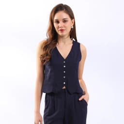 Retro Linen Women'S Suits Women 2026 Blue Sleeveless Button Up Vest Tops + Wide Leg Pants Sets 2 Pieces Outfits Ensemble Femme