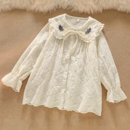 Kawaii Lolita Blouse Women Retro Flower Embroidery Long Sleeve JK Shirt Top Girl Harajuku Peter Pan Collar White Elegant Blouses