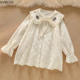Kawaii Lolita Blouse Women Retro Flower Embroidery Long Sleeve JK Shirt Top Girl Harajuku Peter Pan Collar White Elegant Blouses