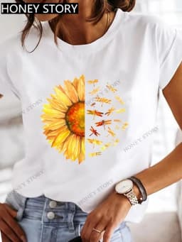 Dragonfly Butterfly Print Base Top Loose Women's Short-sleeved T-shirt Round Neck Oversized T Shirt Women Clothes TEE