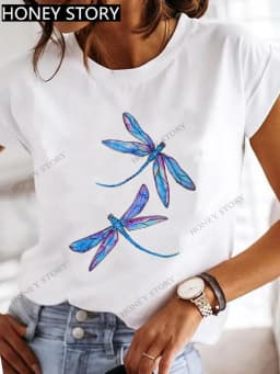 Dragonfly Butterfly Print Base Top Loose Women's Short-sleeved T-shirt Round Neck Oversized T Shirt Women Clothes TEE