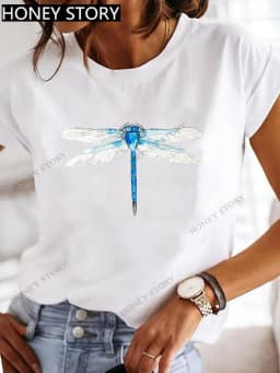 Dragonfly Butterfly Print Base Top Loose Women's Short-sleeved T-shirt Round Neck Oversized T Shirt Women Clothes TEE