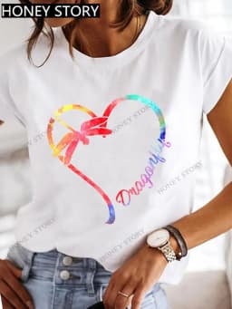 Dragonfly Butterfly Print Base Top Loose Women's Short-sleeved T-shirt Round Neck Oversized T Shirt Women Clothes TEE