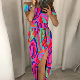 New Elegant Print Spring Dresses For Women Off Shoulder Short Sleeve Party Dress Women Summer Sexy Midi Dress 2023