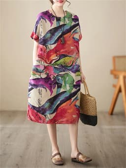 Short Sleeve Cotton Linen Print Vintage Dresses For Women 2026 Summer Casual Loose Long Dress Robe Femme Elegant Fashion Clothes