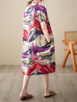 Short Sleeve Cotton Linen Print Vintage Dresses For Women 2026 Summer Casual Loose Long Dress Robe Femme Elegant Fashion Clothes