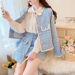 Elegant Blue/Black Tweed Suits For Women High Quality Pearl Button Embroidery Short Coat Irregular Skirts Two Piece Crop Top Set