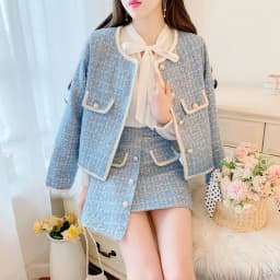 Elegant Blue/Black Tweed Suits For Women High Quality Pearl Button Embroidery Short Coat Irregular Skirts Two Piece Crop Top Set