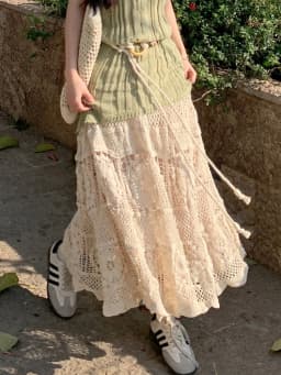 Mid Long Skirt Women Knitted Skirt 2024 Goth Lolita Spring Summer High Waisted Holllow Out Crochet Floral Pleated Skirts rok