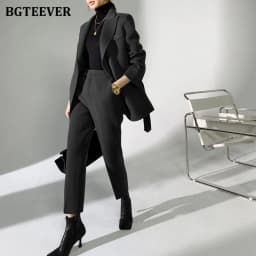 BGTEEVER Autumn Winter Woolen Pant Suits Women Thick Belted Jackets Ladies Wool Pants Warm Trousers Set Female