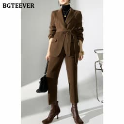 BGTEEVER Autumn Winter Woolen Pant Suits Women Thick Belted Jackets Ladies Wool Pants Warm Trousers Set Female