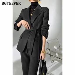 BGTEEVER Autumn Winter Woolen Pant Suits Women Thick Belted Jackets Ladies Wool Pants Warm Trousers Set Female