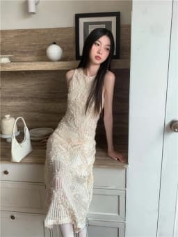 CHEERART Crochet Sleeveless Summer Long Tank Dress For Women 2023 Floral Beige A Line Midi Dress Luxury Designer Party