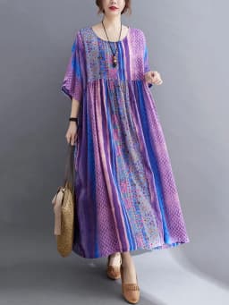 Short Sleeve Cotton Linen Vintage Purple Floral Dresses For Women Casual Loose Long Summer Dress Elegant Fashion Clothing 2025