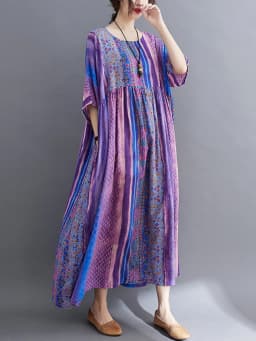 Short Sleeve Cotton Linen Vintage Purple Floral Dresses For Women Casual Loose Long Summer Dress Elegant Fashion Clothing 2025