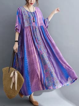 Short Sleeve Cotton Linen Vintage Purple Floral Dresses For Women Casual Loose Long Summer Dress Elegant Fashion Clothing 2025