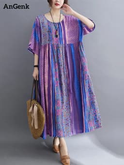 Short Sleeve Cotton Linen Vintage Purple Floral Dresses For Women Casual Loose Long Summer Dress Elegant Fashion Clothing 2025
