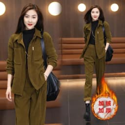 Autumn Winter Women's Corduroy Casual Suit Fashion Add Velvet Short Coat Jacket + Elastic Waist Pants 2 Piece Sets Female Outfit