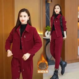 Autumn Winter Women's Corduroy Casual Suit Fashion Add Velvet Short Coat Jacket + Elastic Waist Pants 2 Piece Sets Female Outfit