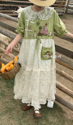 Japanese Mori Girl Patchwork Cotton Linen Dress Women Sweet Vintage Flower Lace-up Loose Sundress Casual Ruffled Pullover Dress