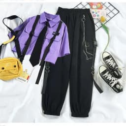 Summer New Two Piece Sets Women Outfits Korean Loose Short Shirts Single Breasted with Tie + Chain Cargo Pants High Waist Pocket