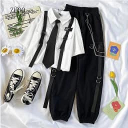 Summer New Two Piece Sets Women Outfits Korean Loose Short Shirts Single Breasted with Tie + Chain Cargo Pants High Waist Pocket