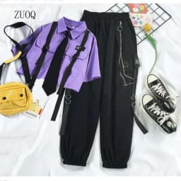 Summer New Two Piece Sets Women Outfits Korean Loose Short Shirts Single Breasted with Tie + Chain Cargo Pants High Waist Pocket