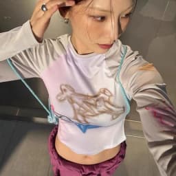 Karrram Y2k Graffiti Print T-shirt Korean Style Patchwork Mesh Tops Kpop Fashion Long Sleeve Crop Tops Japanese Harajuku Tshirt