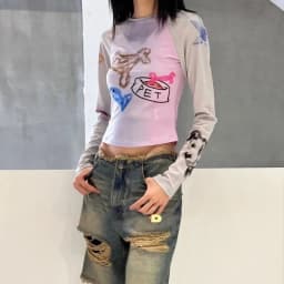 Karrram Y2k Graffiti Print T-shirt Korean Style Patchwork Mesh Tops Kpop Fashion Long Sleeve Crop Tops Japanese Harajuku Tshirt